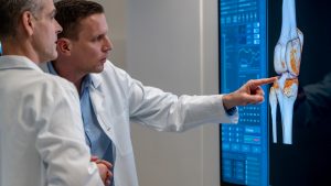 Male radiologists looking at the MRI image of the knee